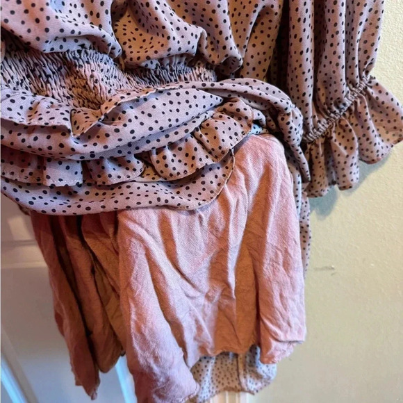 Mustard Seed High Neck Cinched Waist Tan Brown Polka Dot Ruffle Dress Sz M - Picture 6 of 10